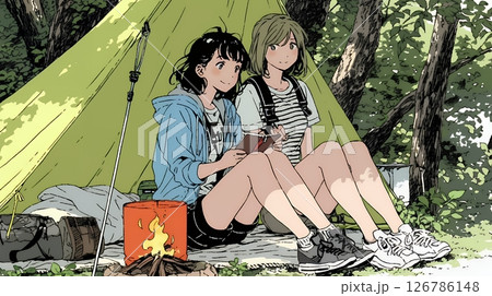 女友達と一緒にテントキャンプを楽しむ若い女性