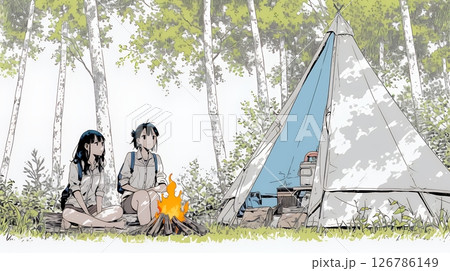 女友達と一緒にテントキャンプを楽しむ若い女性