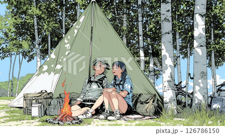 女友達と一緒にテントキャンプを楽しむ若い女性