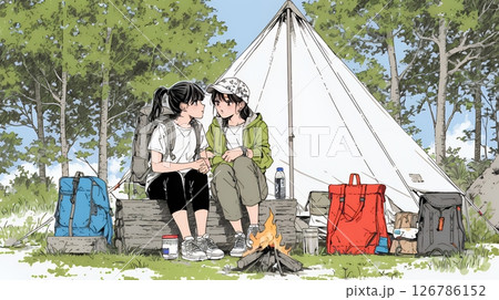 女友達と一緒にテントキャンプを楽しむ若い女性