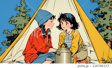 女友達と一緒にテントキャンプを楽しむ若い女性