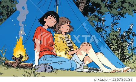 女友達と一緒にテントキャンプを楽しむ若い女性