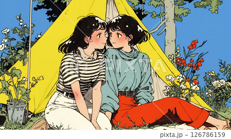 女友達と一緒にテントキャンプを楽しむ若い女性