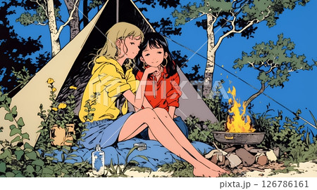 女友達と一緒にテントキャンプを楽しむ若い女性