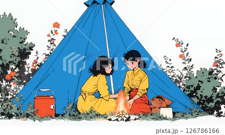 女友達と一緒にテントキャンプを楽しむ若い女性