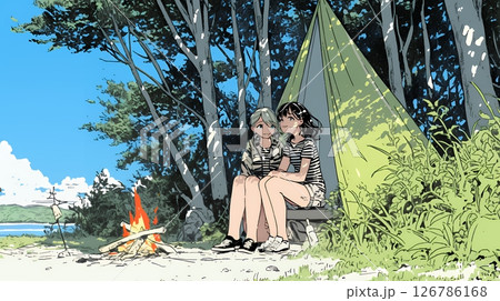 女友達と一緒にテントキャンプを楽しむ若い女性
