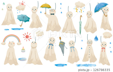 いろんなかわいいてるてる坊主の水彩素材セット 126786335