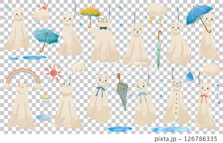 いろんなかわいいてるてる坊主の水彩素材セット 126786335