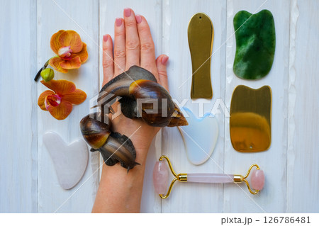 Two achatinas on hand and facial massage kit. Face roller and guasha massager made from natural stones and metal, flat lay. High quality photo 126786481