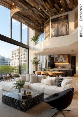 広い窓から差し込む柔らかな自然光と木の温もりが心地よい高層階の上質なリビングダイニング 126787057