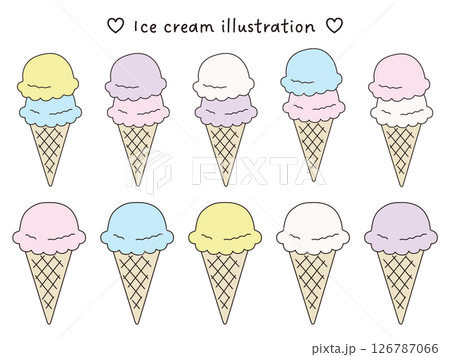 かわいいアイスクリームのベクターイラストセット。デザート、コーン、シングル、ダブル かわいいアイスクリームのベクターイラストセット。デザート、コーン、シングル、ダブル 126787066