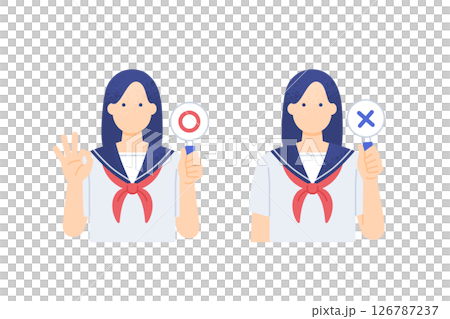 Summer uniform, female student in sailor suit holds up a circle and a cross, upper body vector illustration Summer uniform, female student in sailor suit holds up a circle and a cross, upper body vector illustration 126787237