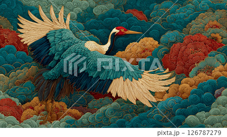 彩り豊かな雲と空を背景に美しく舞う和風の鳥を描いた幻想的なデザインイラスト素材｜着物柄や屏風絵風 126787279