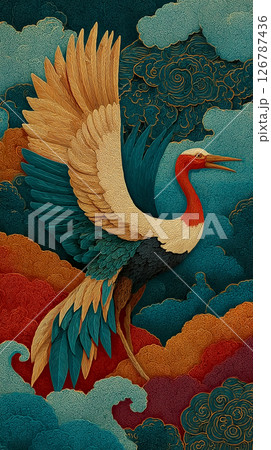 雲の流れと羽ばたく鳥の動きが調和した、手描き風和風イラスト素材|着物・和雑貨・屏風・壁紙デザイン 雲の流れと羽ばたく鳥の動きが調和した、手描き風和風イラスト素材|着物・和雑貨・屏風・壁紙デザイン 126787436