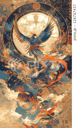 雲の流れと羽ばたく鳥の動きが調和した、手描き風和風イラスト素材|着物・和雑貨・屏風・壁紙デザイン 雲の流れと羽ばたく鳥の動きが調和した、手描き風和風イラスト素材|着物・和雑貨・屏風・壁紙デザイン 126787437