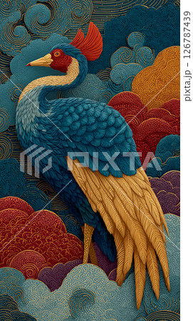 鶴を思わせる優美な鳥が色彩豊かな雲間を羽ばたく、和柄と幻想が融合した日本風アートのイラスト素材 鶴を思わせる優美な鳥が色彩豊かな雲間を羽ばたく、和柄と幻想が融合した日本風アートのイラスト素材 126787439