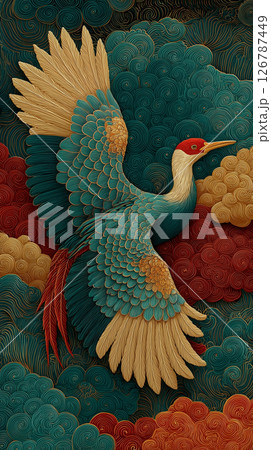 雲の流れと羽ばたく鳥の動きが調和した、手描き風和風イラスト素材｜着物・和雑貨・屏風・壁紙デザイン 126787449