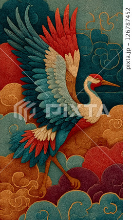 和の色彩で描かれた雲海の中を舞う幻想の鳥が浮かぶ、繊細なタッチの美しいイラスト素材|和風アート 和の色彩で描かれた雲海の中を舞う幻想の鳥が浮かぶ、繊細なタッチの美しいイラスト素材|和風アート 126787452