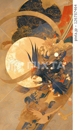 深い青と金色のコントラストが美しい雲を背景に飛ぶ鳥が印象的な、伝統的かつ幻想的な和風デザインのアート 深い青と金色のコントラストが美しい雲を背景に飛ぶ鳥が印象的な、伝統的かつ幻想的な和風デザインのアート 126787464