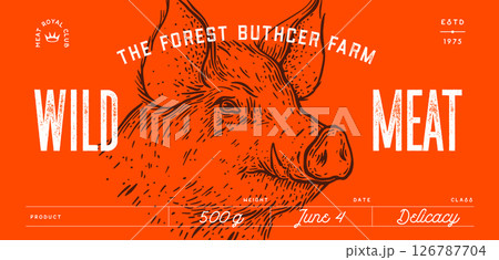 Pork, pig, hog, head, meat tag label. Template...のイラスト素材 [126787704 ...