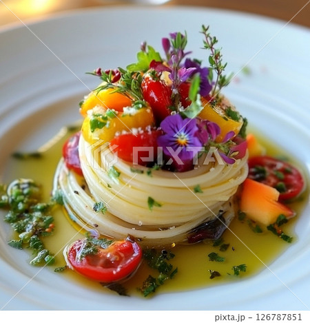 食用花と彩り野菜の冷製パスタ 126787851