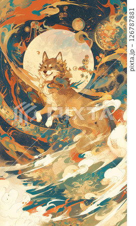 月の導きと波の音が聞こえるかのような幻想的世界を駆ける柴犬を描いた装飾和風イラスト｜神聖な印象の素材 126787881