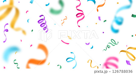 Confetti vector banner background with colorful flying blurred serpentine ribbons. Birthday, party, anniversary, carnival illustration in flat simple gradient style. Pattern on light backdrop Confetti vector banner background with colorful flying blurred serpentine ribbons. Birthday, party, anniversary, carnival illustration in flat simple gradient style. Pattern on light backdrop 126788036