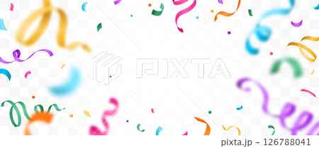 Confetti vector banner background with colorful blur serpentine ribbons, copy space for your text at the center. Birthday, carnival illustration in flat gradient style with fun explosion on light Confetti vector banner background with colorful blur serpentine ribbons, copy space for your text at the center. Birthday, carnival illustration in flat gradient style with fun explosion on light 126788041