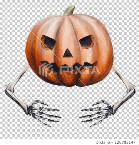 Monster pumpkin with face and bone hands. Jack's head. Halloween decor. Funny scary pumpkin. Watercolor illustration isolated from background. Hand drawn. High quality illustration Monster pumpkin with face and bone hands. Jack's head. Halloween decor. Funny scary pumpkin. Watercolor illustration isolated from background. Hand drawn. High quality illustration 126788147