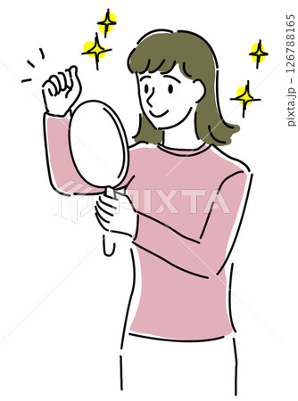 増毛成功で鏡を見ながら喜ぶ女性シンプル線画 126788165