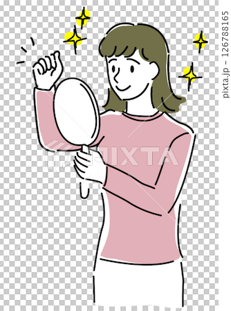 一幅簡單的線條畫,描繪了一位女士在頭髮成功長出後對著鏡子歡呼的樣子 一幅簡單的線條畫,描繪了一位女士在頭髮成功長出後對著鏡子歡呼的樣子 126788165