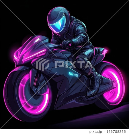 Futuristic Cartoon Character Riding Neon Motorcycle in Dark Background Futuristic Cartoon Character Riding Neon Motorcycle in Dark Background 126788256