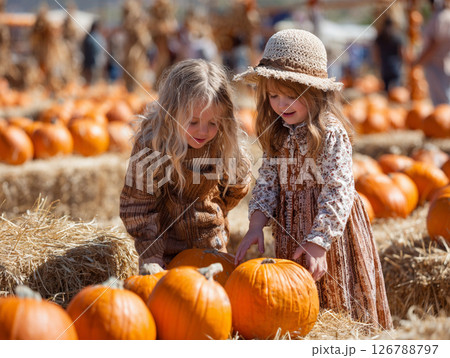 Two kids in a pumpkin patch during fall 126788797