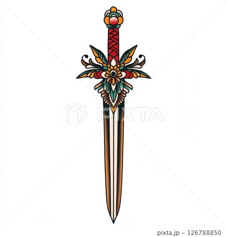 Ornate Traditional Dagger Tattoo Design with Decorative Elements 126788850