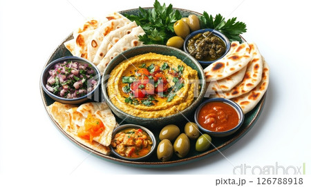 Fresh Mediterranean Mezze Platter with Hummus and Pita Bread 126788918
