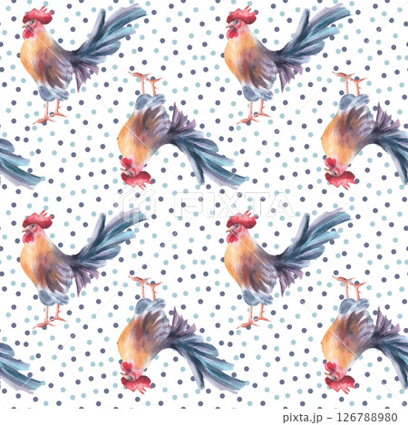 Watercolor roosters and pastel polka dots seamless pattern isolated. French farmhouse style repeat background with birds for rustic kitchen textile, fabric, and country packaging, modern print. 126788980