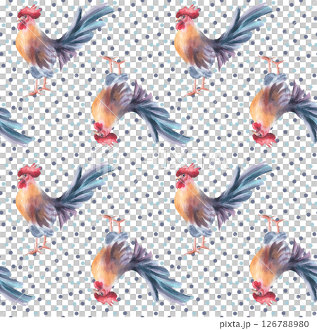 Watercolor roosters and pastel polka dots seamless pattern isolated. French farmhouse style repeat background with birds for rustic kitchen textile, fabric, and country packaging, modern print. 126788980