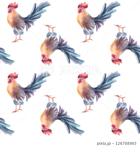 Watercolor seamless pattern with roosters and red comb isolated. Seamless country bird artwork painted on repeat background for folk textile, farmhouse tableware, and eco friendly packaging. 126788983