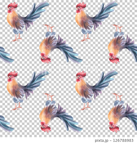 Watercolor seamless pattern with roosters and red comb isolated. Seamless country bird artwork painted on repeat background for folk textile, farmhouse tableware, and eco friendly packaging. 126788983