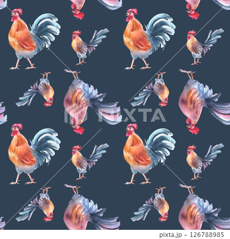 Vibrant rooster watercolor seamless pattern isolated on dark. Rustic bird orange blue colors sketch hand painted on repeat design for kitchen prints, countryside branding, and cockerel textile. 126788985