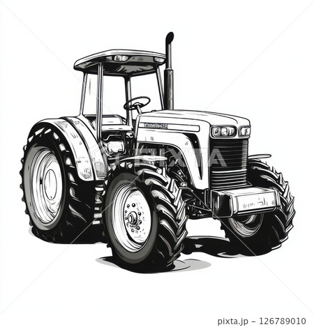 Black and White Clipart of Isolated Tractor on White Background 126789010