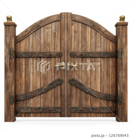 Massive Wooden Gate with Large Brass Hinges and Sturdy Design 126789043