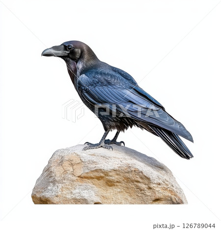 Isolated Raven Standing on Rock Against White Background 126789044