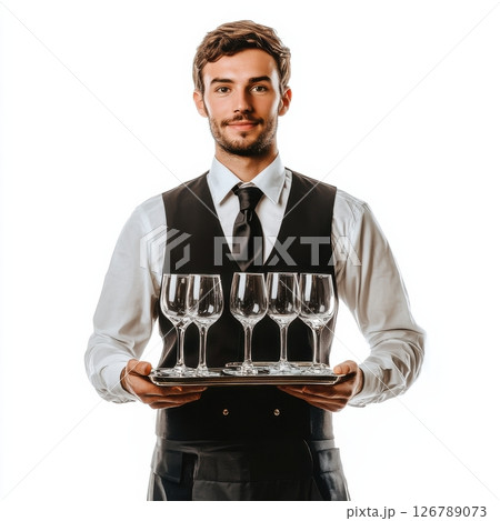 Professional waiter in black vest holding tray with wine glasses 126789073