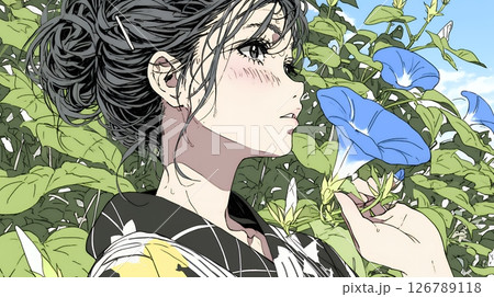 アサガオと浴衣姿の若い女性 126789118