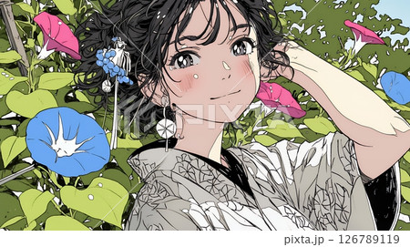 アサガオと浴衣姿の若い女性