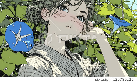 アサガオと浴衣姿の若い女性