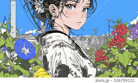 アサガオと浴衣姿の若い女性