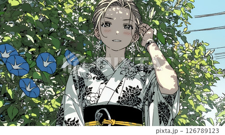 アサガオと浴衣姿の若い女性