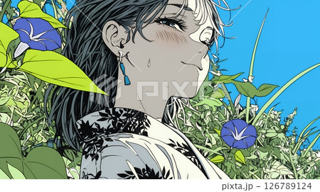 アサガオと浴衣姿の若い女性